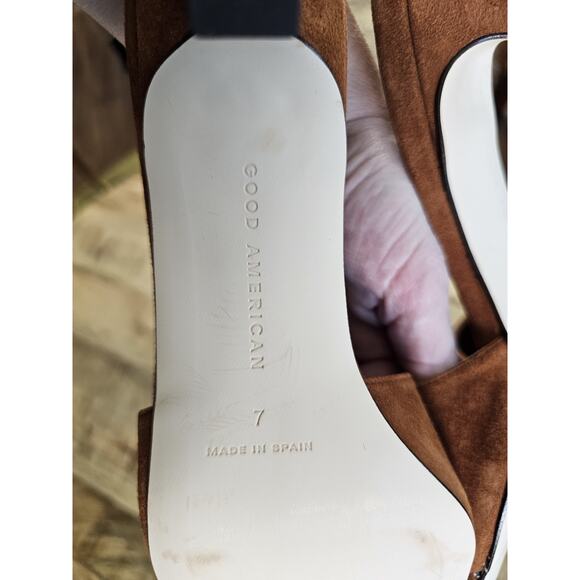 Good American THE STANDOUT Square Toe Mule Sandal Suede Tobacco Size 7 - Picture 8 of 11